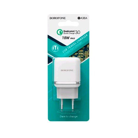 Мережевий зарядний пристрій BOROFONE BA36A High speed single port QC3.0, БІЛИЙ