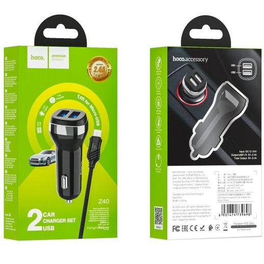 Автомобільний зарядний пристрій HOCO Z40 2USB 2.4A + кабель USB - Micro USB, чорний