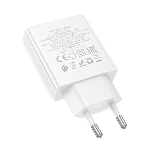 Мережевий зарядний пристрій HOCO C142A TYPE-C PD 20W + USB QC3.0, БІЛИЙ