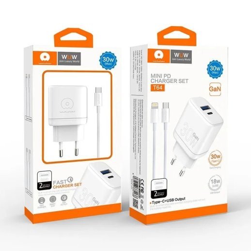 Мережевий зарядний пристрій WUW T64 GaN TYPE-C PD 30W | USB + USB кабель Type-C - Type-C