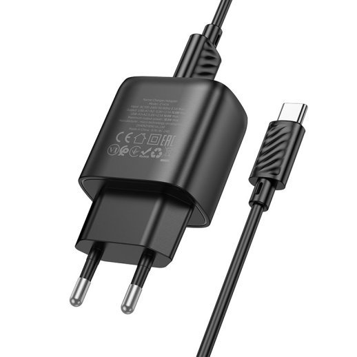Мережевий зарядний пристрій HOCO C141A (2×USB, 2.4A) + кабель USB  -  Type-C, чорний