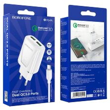 Мережевий зарядний пристрій BOROFONE BA54A Wide road dual port QC3.0 + кабель USB - TYPE-C