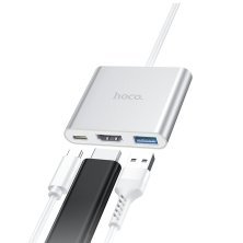 Адаптер-концентратор HOCO HB14 Easy Use Type-C → USB3.0 + HDMI + PD, алюминиевый корпус (серый)