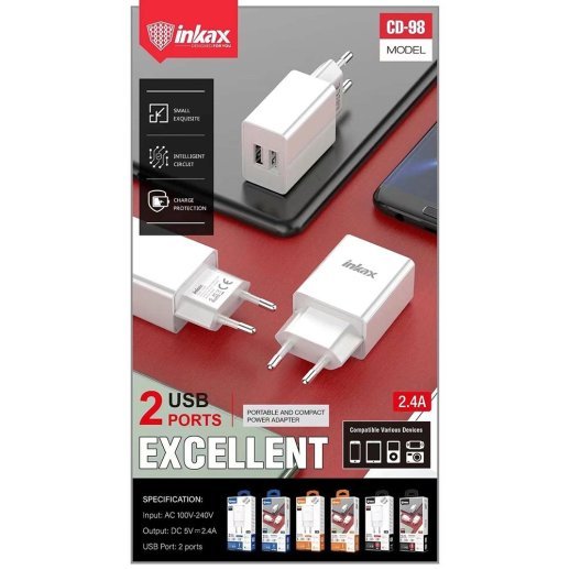 Мережевий зарядний пристрій INKAX CD-98 2.4A | 2 USB port + USB кабель Lightning for IPhone