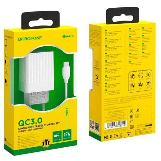 Мережевий зарядний пристрій BOROFONE BA47A Mighty QC3.0 + кабель USB - TYPE-C, білий