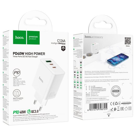 Мережевий зарядний пристрій HOCO C126A TYPE-C PD 40W + QC3.0, БІЛИЙ