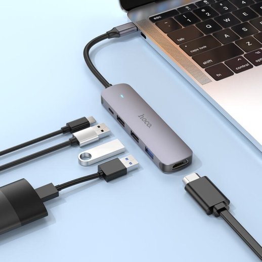Адаптер-концентратор HOCO HB27 Type-C → USB 3.0 + 2×USB 2.0 + HDMI (HDTV) + PD, металік-сірий