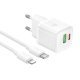Зарядний пристрій HOCO N65 Ingenious, PD20W + QC3.0, два порти (USB-C + USB-A), комплект з кабелем Type-C to Lightning, EU-вилка, білий