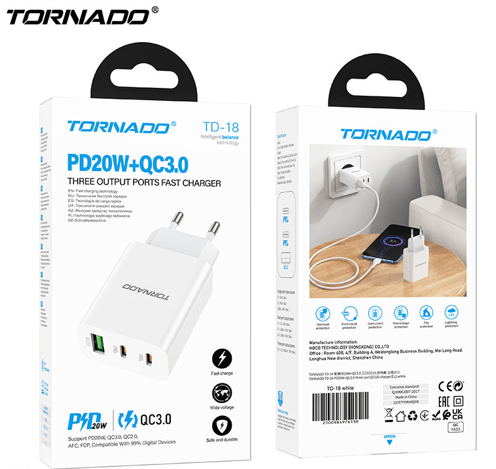 Сетевое Зарядное Устройство TORNADO TD-18 (PD20W+QC3.0)