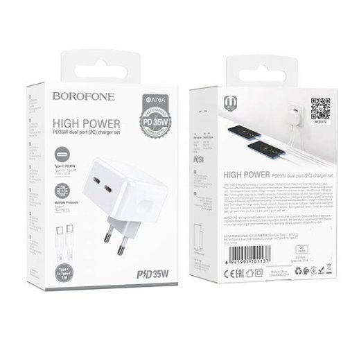Мережевий зарядний пристрій BOROFONE BA76A PD35W USB-C 2 PORT + кабель TYPE-C - TYPE-C