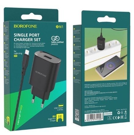 Мережевий зарядний пристрій Borofone BN1 USB 2,1A + кабель USB - Lightning, чорний