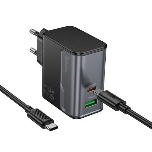 Мережевий зарядний пристрій HOCO CS74A TYPE-C PD 45W + USB QC 3.0 + КАБЕЛЬ TYPE-C - TYPE-C, чорний