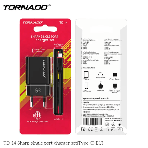 Сетевое Зарядное Устройство 2in1 TORNADO TD-14 (1USB/2.1A) Type-C Black