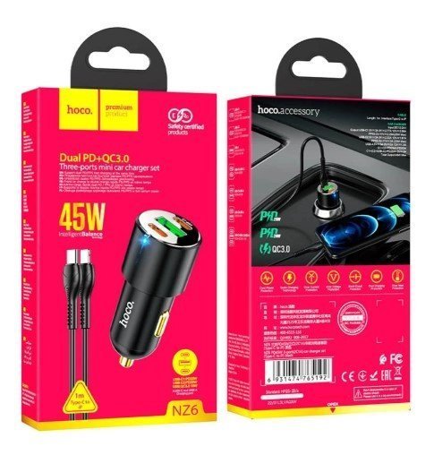Автомобільний зарядний пристрій HOCO NZ6 2 TYPE-C PD 45W / USB QC3.0 + кабель Type-C - Lightning, чорний