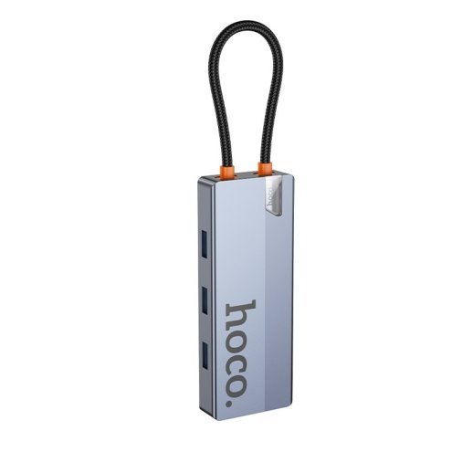 Адаптер-концентратор HOCO HB50 Wow 5-в-1 (Type-C → 3×USB 3.0 + HDMI (HDTV) + PD 100 Вт), металік-сірий