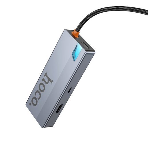 Адаптер-концентратор HOCO HB50 Wow 5-в-1 (Type-C → 3×USB 3.0 + HDMI (HDTV) + PD 100 Вт), металік-сірий