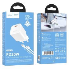 Зарядний пристрій HOCO N64 Ingenious, 20 Вт PD, один USB-C порт, комплект з кабелем Type-C to LIGHTNING, EU-вилка, білий