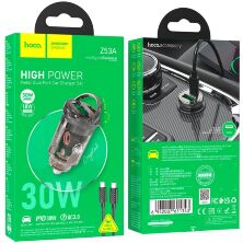 Автомобильное зарядное устройство HOCO Z53 Type-C PD 30W + USB QC3.0 + кабель Type-C - Type-C, черный