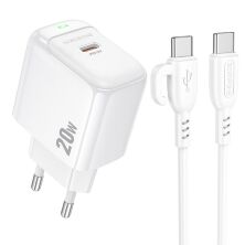 Мережевий зарядний пристрій BOROFONE BAS43A TYPE-C PD 20W + кабель TYPE-C - TYPE-C, білий