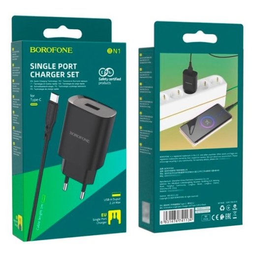 Мережевий зарядний пристрій Borofone BN1 USB 2,1A + кабель USB - Type-C, чорний
