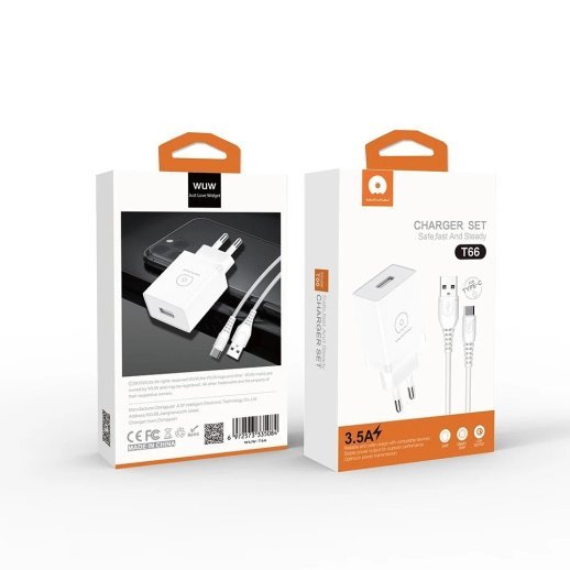 Мережевий зарядний пристрій WUW T66 2A + USB кабель Type-C