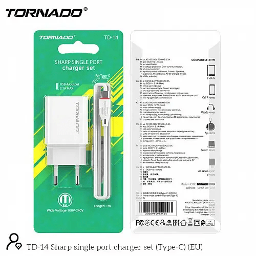 Сетевое Зарядное Устройство 2in1 TORNADO TD-14 (1USB/2.1A) Type-C White
