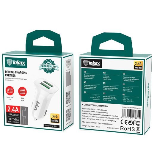 Автомобільний зарядний пристрій INKAX CA-01 2.4A | 2 USB + USB кабель TYPE-C