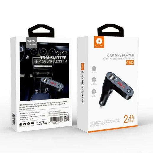 FM модулятор WUW C152 2 USB 2.4A Bluetooth з гучним зв'язком ЧОРНИЙ