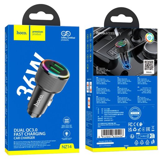 Автомобільний зарядний пристрій HOCO NZ14 2 USB QC3.0 36W, чорний