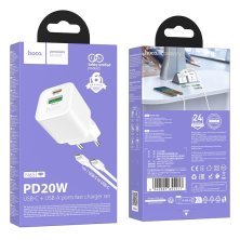 Зарядний пристрій HOCO N65 Ingenious, PD20W + QC3.0, два порти (USB-C + USB-A), комплект з кабелем Type-C to Type-C, EU-вилка, білий