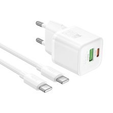 Зарядний пристрій HOCO N65 Ingenious, PD20W + QC3.0, два порти (USB-C + USB-A), комплект з кабелем Type-C to Type-C, EU-вилка, білий