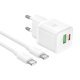 Зарядний пристрій HOCO N65 Ingenious, PD20W + QC3.0, два порти (USB-C + USB-A), комплект з кабелем Type-C to Type-C, EU-вилка, білий