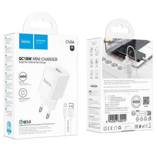 Мережевий зарядний пристрій HOCO C145A USB QC3.0 + кабель USB - MICRO, БІЛИЙ