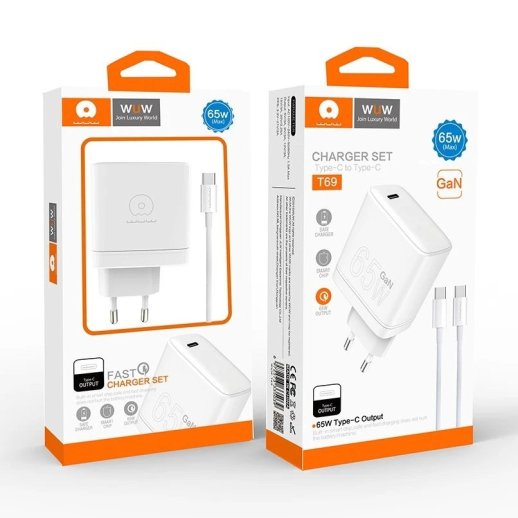 Мережевий зарядний пристрій WUW T69 GaN TYPE-C PD 65W + USB кабель Type-C - Type-C