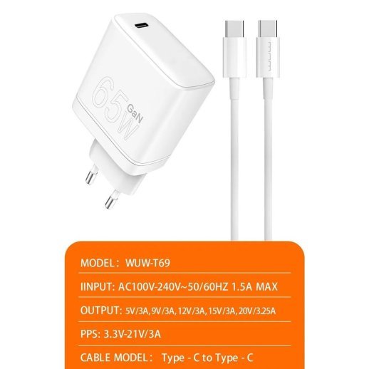 Мережевий зарядний пристрій WUW T69 GaN TYPE-C PD 65W + USB кабель Type-C - Type-C