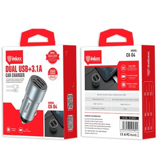 Автомобільний зарядний пристрій INKAX CA-04 3.1A | 2 USB + USB кабель LIGHTNING