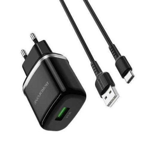 Мережевий зарядний пристрій BOROFONE BA36A USB QC3.0 + кабель USB - TYPE-C, ЧОРНИЙ
