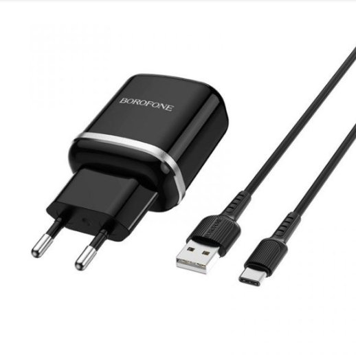Мережевий зарядний пристрій BOROFONE BA36A USB QC3.0 + кабель USB - TYPE-C, ЧОРНИЙ