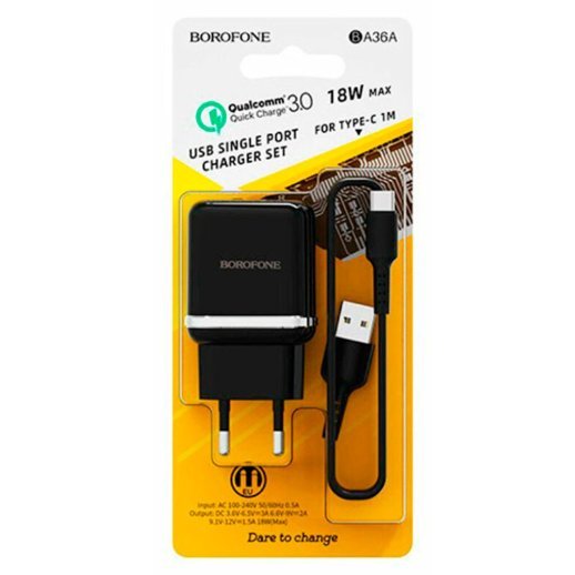 Мережевий зарядний пристрій BOROFONE BA36A USB QC3.0 + кабель USB - TYPE-C, ЧОРНИЙ