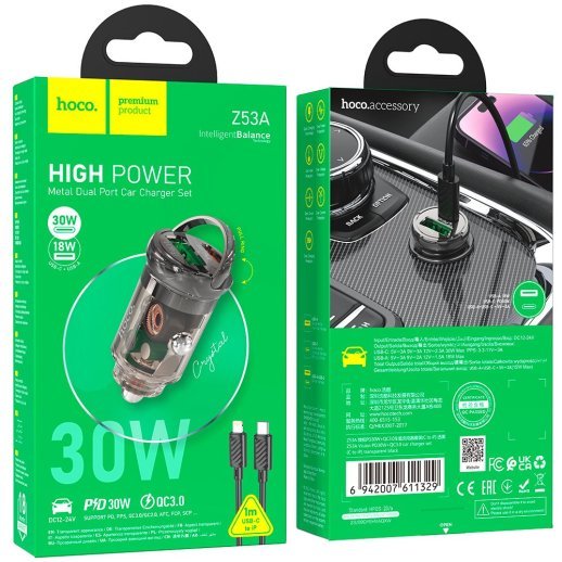 Автомобільний зарядний пристрій HOCO Z53A Type-C PD 30W + USB QC3.0 + кабель Type-C - Lightning, чорний