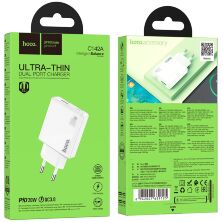 Мережевий зарядний пристрій HOCO C142A TYPE-C PD 20W + USB QC3.0, БІЛИЙ