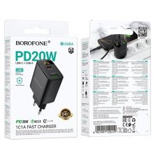 Мережевий зарядний пристрій BOROFONE BA96A TYPE-C PD 20W + USB QC3.0, чорний