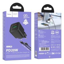 Зарядний пристрій HOCO N65 Ingenious, PD20W + QC3.0, два порти (USB-C + USB-A), комплект з кабелем Type-C to Type-C, EU-вилка, чорний