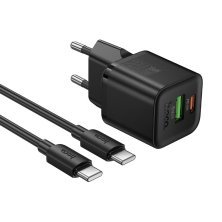 Зарядний пристрій HOCO N65 Ingenious, PD20W + QC3.0, два порти (USB-C + USB-A), комплект з кабелем Type-C to Type-C, EU-вилка, чорний