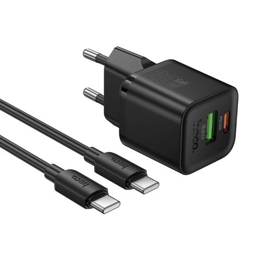 Зарядний пристрій HOCO N65 Ingenious, PD20W + QC3.0, два порти (USB-C + USB-A), комплект з кабелем Type-C to Type-C, EU-вилка, чорний