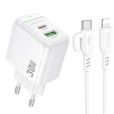 Мережевий зарядний пристрій BOROFONE BAS45A TYPE-C PD 30W / USB QC3.0 + кабель TYPE-C - LIGHTNING, білий