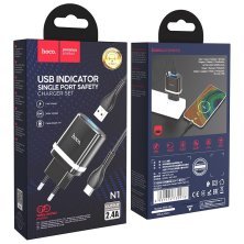 Мережевий зарядний пристрій HOCO N1 USB 2.4A + кабель USB - Type-C, чорний