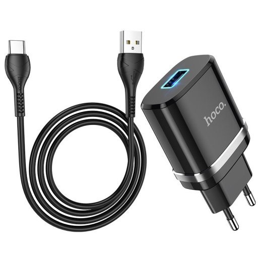 Мережевий зарядний пристрій HOCO N1 USB 2.4A + кабель USB - Type-C, чорний