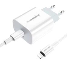 Мережевий зарядний пристрій BOROFONE BA38A Plus TYPE-C PD 20W + кабель TYPE-C - LIGHTNING, БІЛИЙ