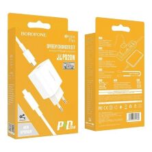 Мережевий зарядний пристрій BOROFONE BA38A Plus TYPE-C PD 20W + кабель TYPE-C - LIGHTNING, БІЛИЙ